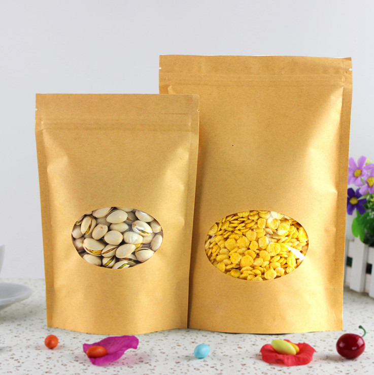 100pcs Thick Stand up Kraft Paper Clear Oval Window Zip Lock Bag Resealable Coffee Powder Snack Cereals Candy Bakery Sugar Gifts Packaging Storage Pou