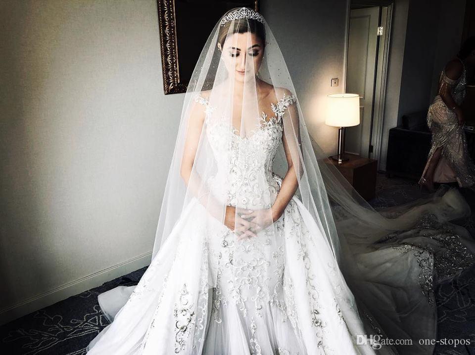 Luxurious Gorgeous Beaded Lace Arabic Mermaid Wedding Dresses With Detachable Skirt Bridal Gowns Country Boho Sheer Neck Wedding Dress