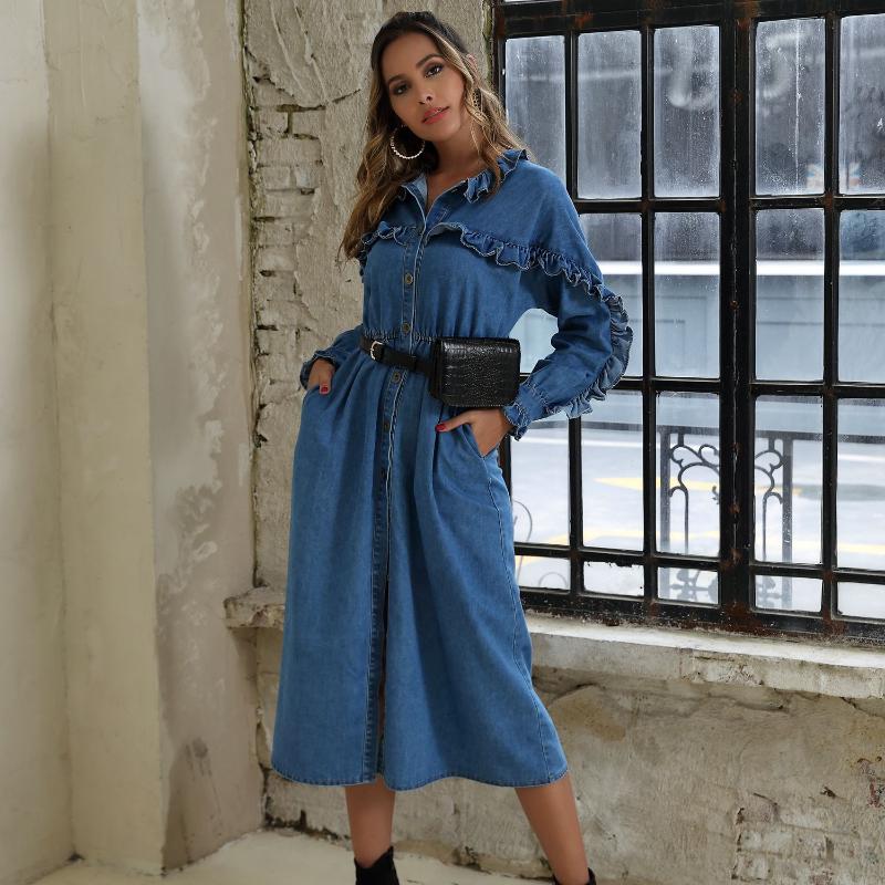European and American fashion autumn and winter women's Ruffle long sleeve large swing split long denim dress, Blue
European and American fashion autumn and winter women's Ruffle long sleeve large swing split long denim dress, Blue