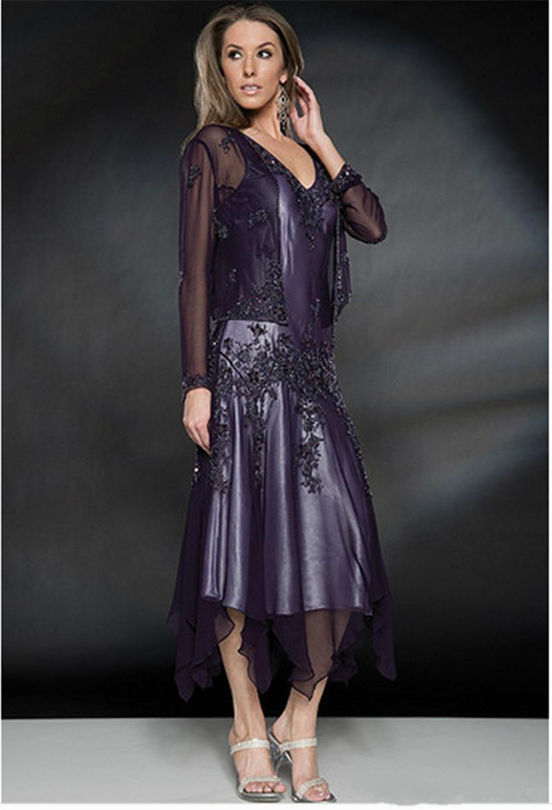 Plus Size Two Pieces Mother Of The Bride Dress With Jacket A-Line Long Sleeve Silver Green Chiffon Wedding Party Gowns With Pearls Groom Mom Evening D