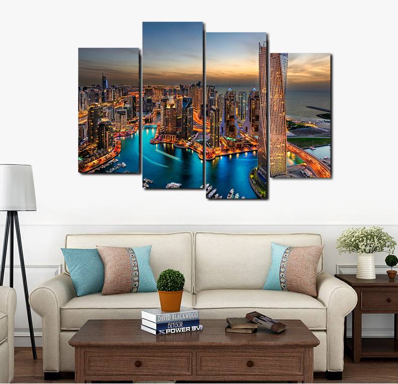 4pcs/set Unframed Dubai Bright Lights Print On Canvas Wall Art Picture For Home and Living Room Decor