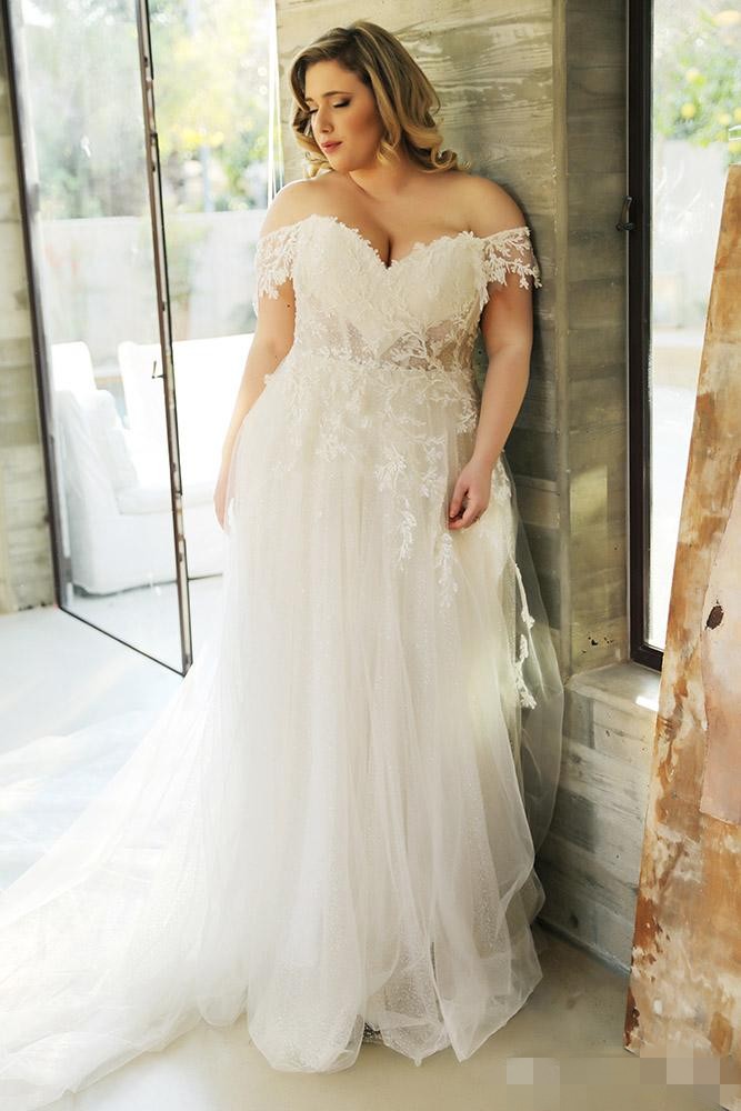 Size Elegant Plus Dresses 2020 Off the Shoulder Lace Applique Sweep Train Tulle Custom Made Cap Sleeves Beach Wedding Gown