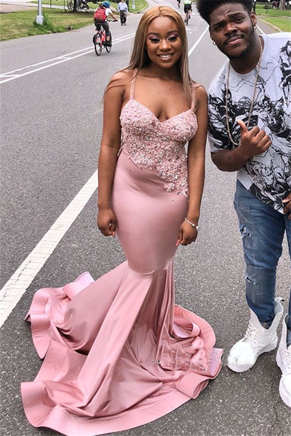 Sexy Sequins Spaghetti-Straps Pink Appliques Prom Dresses Mermaid Party Gowns robes de soiree
