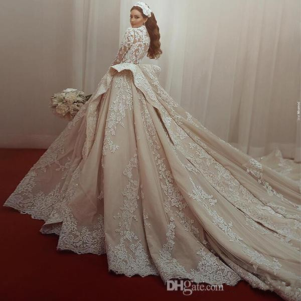 Luxury Gorgeous Saudi Arabia Muslim Wedding Dresses Long Sleeve Bridal Gowns High Neck Lace Appliqued Beads Vestido de novia Wedding Dress
