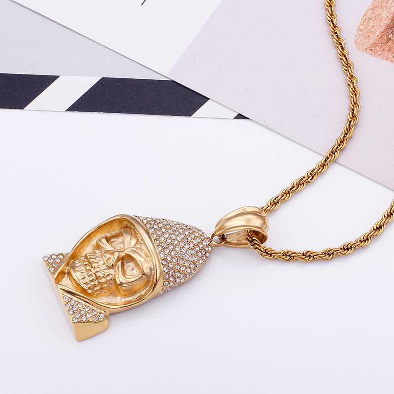 Vitage Exaggeration Skeleton Pendants Necklace Men's Hip Hop 316L Stainless Steel Cubic Zirconia Setting 18K Gold Plated Jewelry