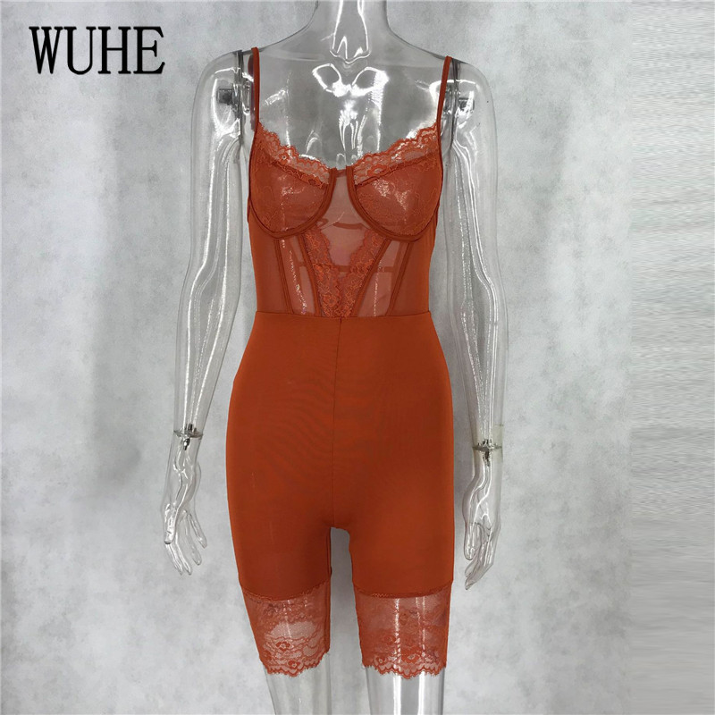 WUHE Lace Patchwork Sexy Spaghetti Strap Jumpsuits Women Off Shoulder Sleeveless Elegant Bodycon Bandage Party Short Playsuits T200113