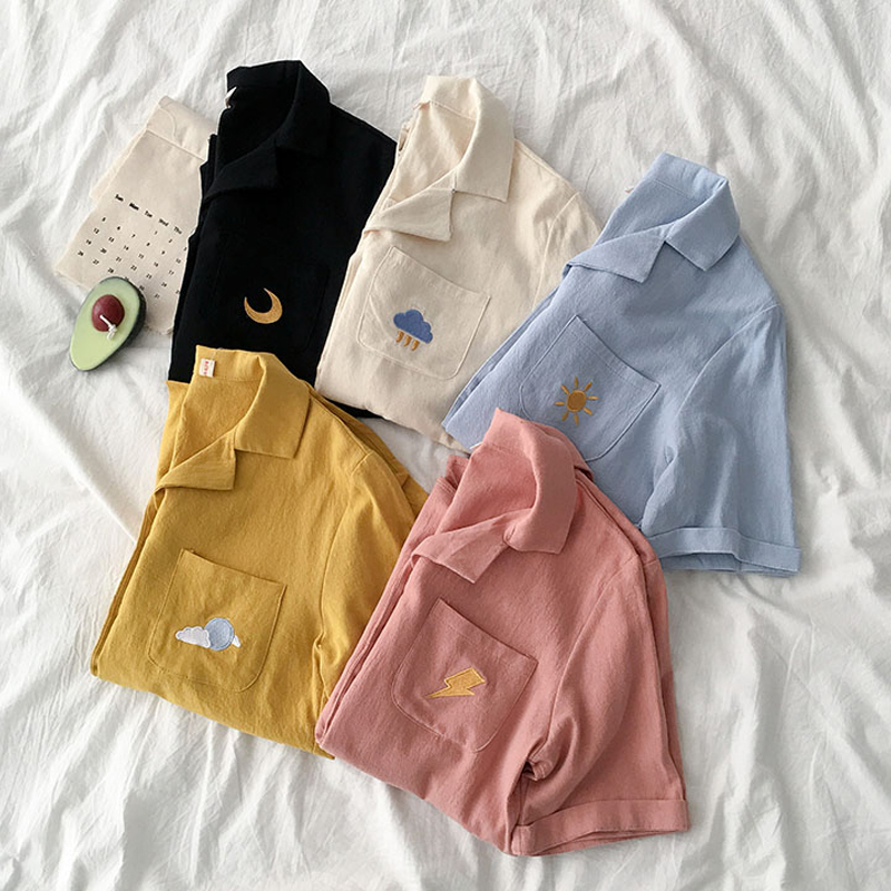Korean Summer Cotton Shirt Small Fresh Cartoon Weather Embroidery Short-sleeved Blouse Tops For Women u, Black
Korean Summer Cotton Shirt Small Fresh Cartoon Weather Embroidery Short-sleeved Blouse Tops For Women u, Black