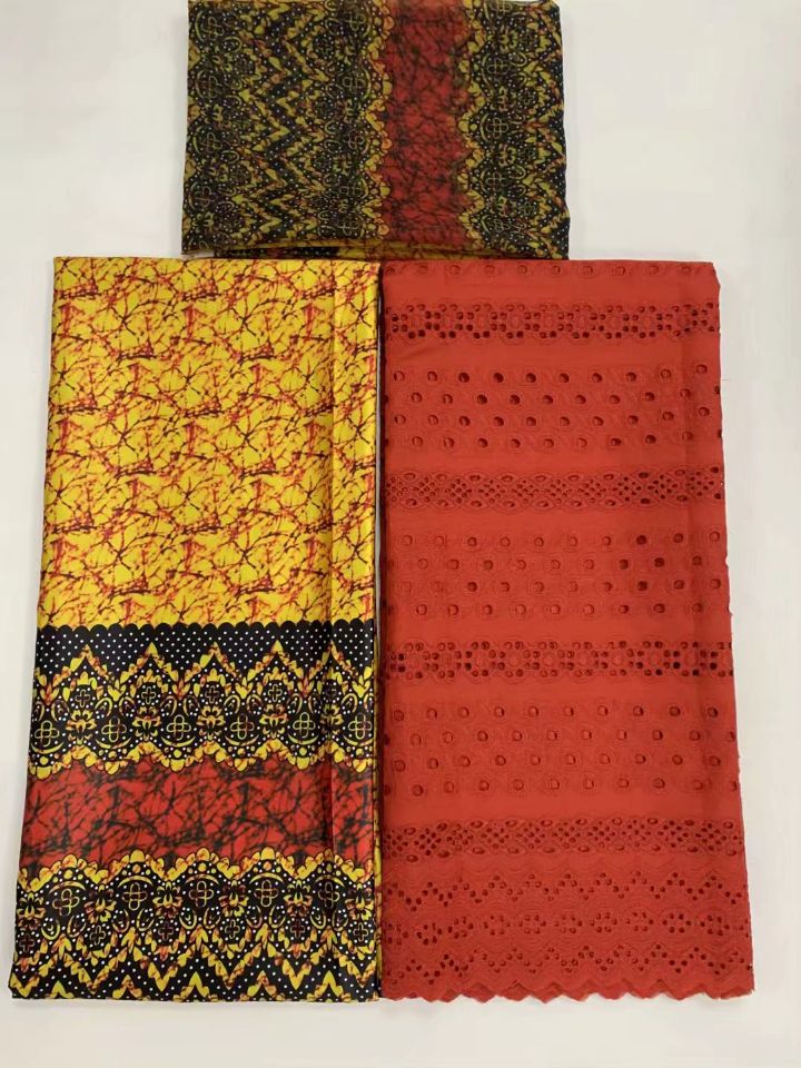 2.5Yards Gorgeous red african cotton fabric and 2.5Y+2yards smooth korea chiffon satin lace material for dress LG6-1