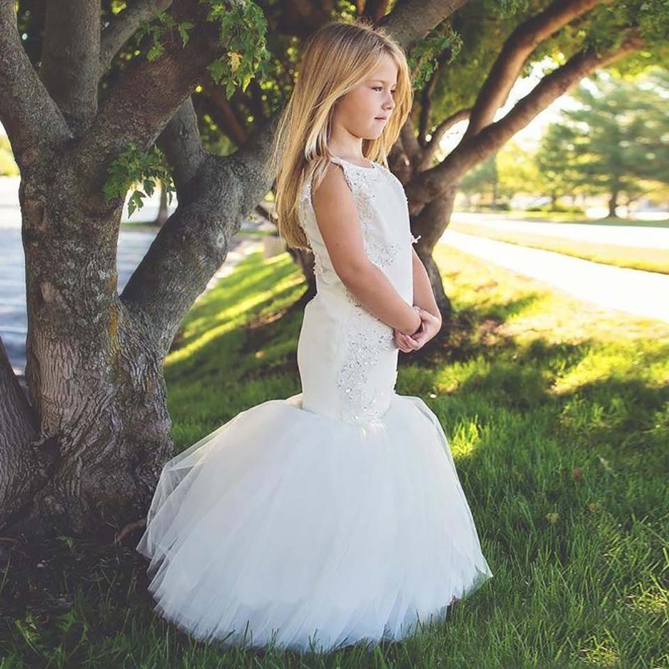 New Sweety Long Mermaid Flower Girl Dress Beaded Lace Satin Tulle Floor Length Girls Party Gowns Custom Size