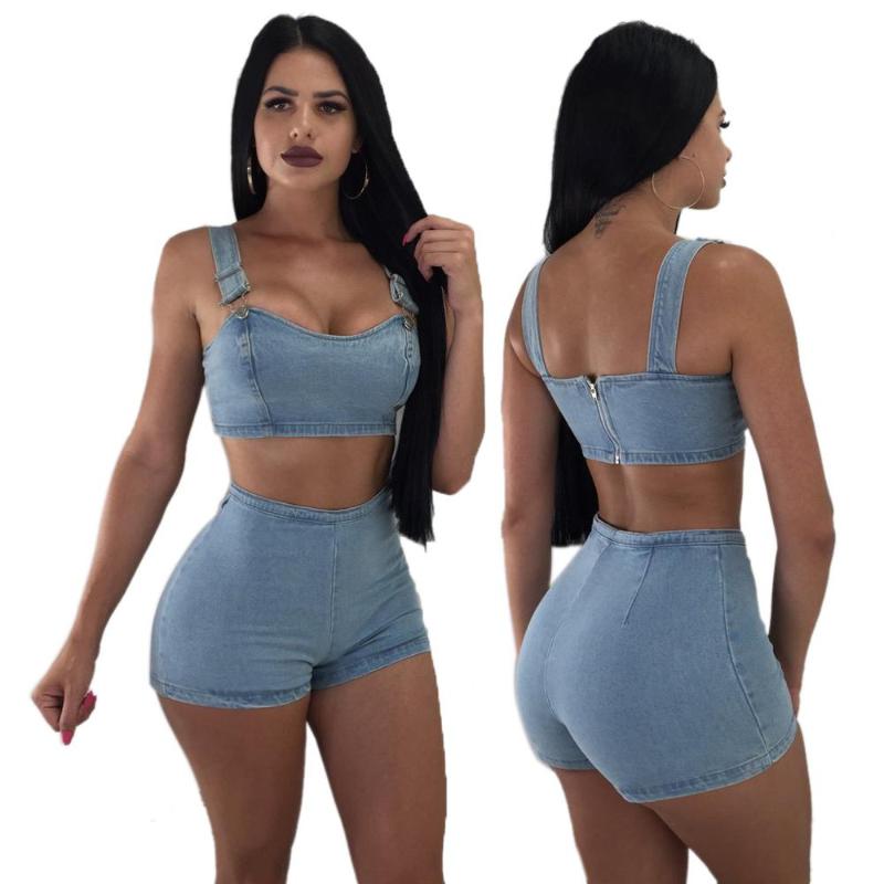 Adogirl Women Denim Two Piece Set Strapless Spaghetti Straps Zipper Back Crop Top Jeans Shorts Fashion Summer Club Suits Outfits
