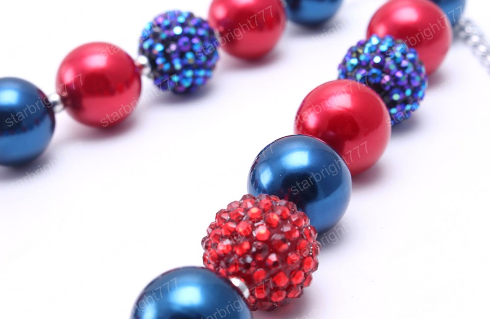 Red+Navy Color Kid Chunky Necklace Fashion 4th July Girl Children Bubblegom Bead Chunky Necklace Fashion Party Gift