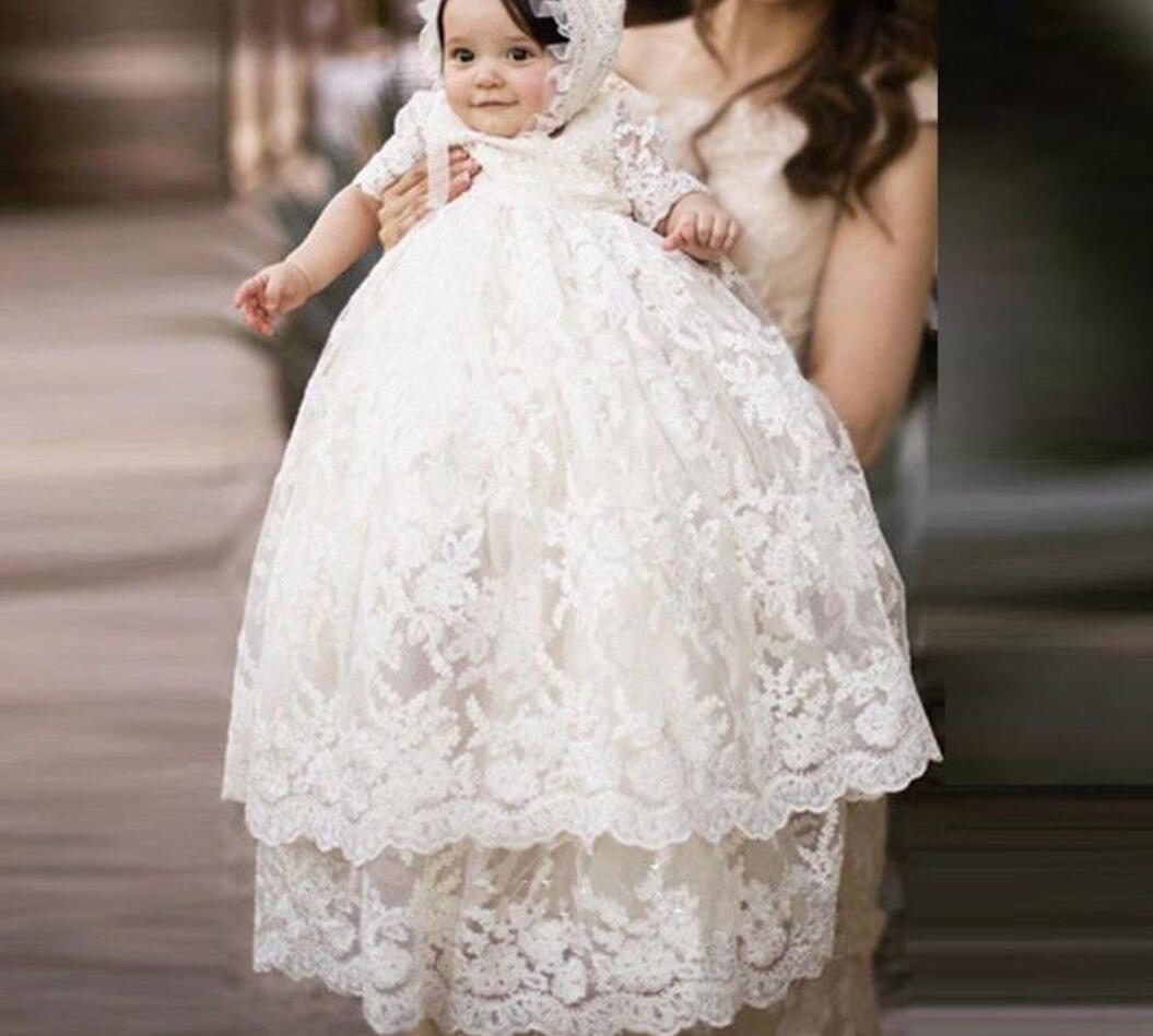 2019 Long Sleeve Christening Gowns For Baby Girls Lace Appliqued Baptism Dresses With Bonnet First Communication Dress