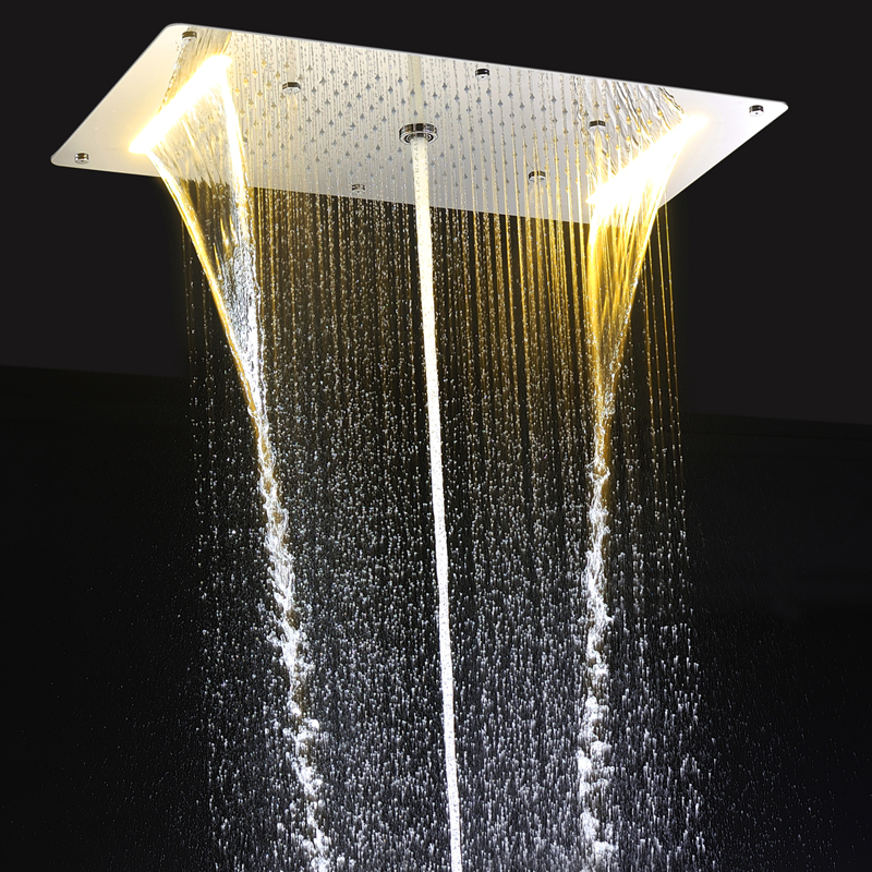 Bathroom LED Shower Set 4 ways Mixer Valve Ceiling ShowerHead Panel Rainfall Waterfall Massage Bath System Faucets 380*700MM