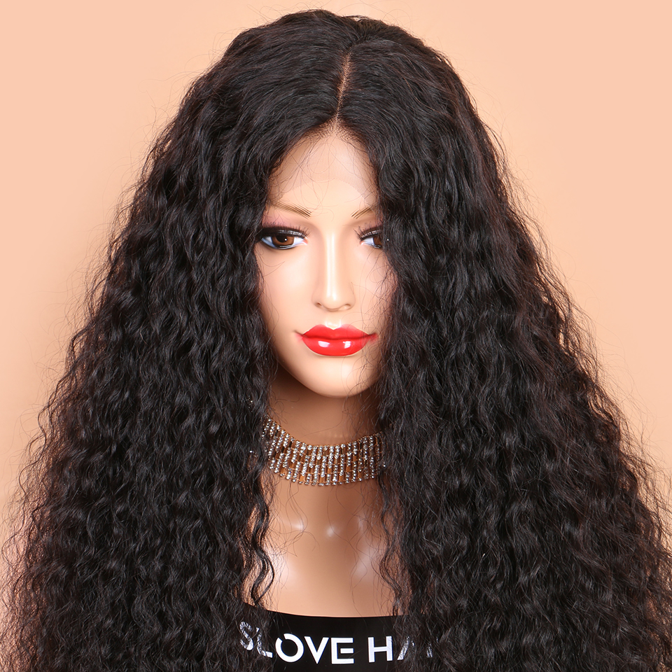 Natural Black Long Kinky Curly Lace Front Wigs with Baby Hair Glueless Synthetic Wigs for African Black Women Heat Resistant Fiber Hair