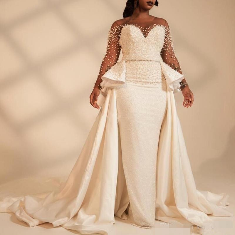 2019 African Plus Size Mermaid Wedding Dresses Luxury Beaded Pearls with Satin Overskirt Sweep Train Wedding Gown vestido de novia, Grape
2019 African Plus Size Mermaid Wedding Dresses Luxury Beaded Pearls with Satin Overskirt Sweep Train Wedding Gown vestido de novia, Grape