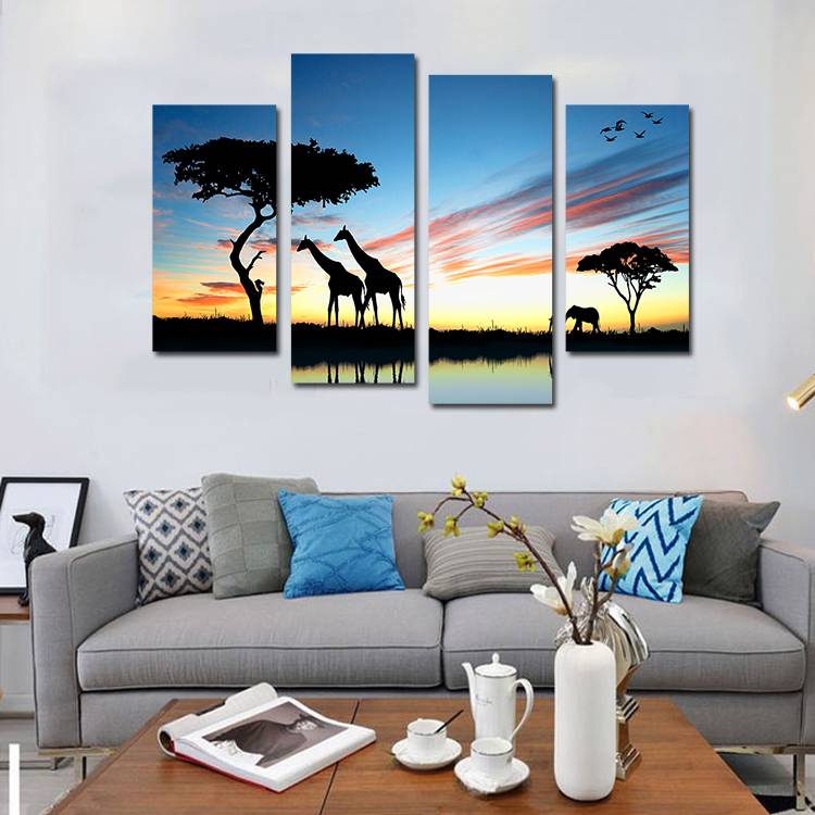 4pcs/set Unframed African Giraffe Silhouette Print On Canvas Wall Art Picture For Home and Living Room Decor
