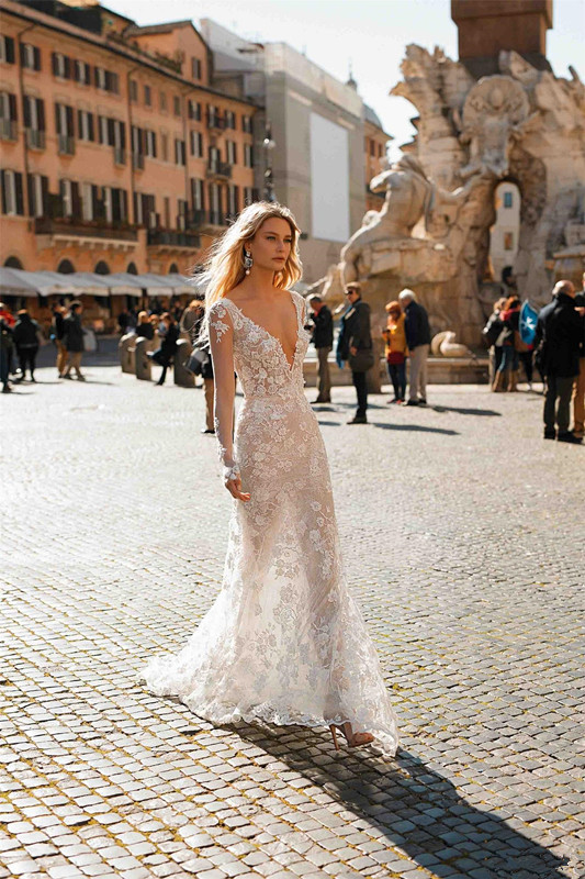 Long Sleeve Berta Wedding Dresses Sexy Deep V Neck Lace Appliqued Backless 2020 lace Vestidos De Novia Sweep Train Mermaid Wedding Gowns