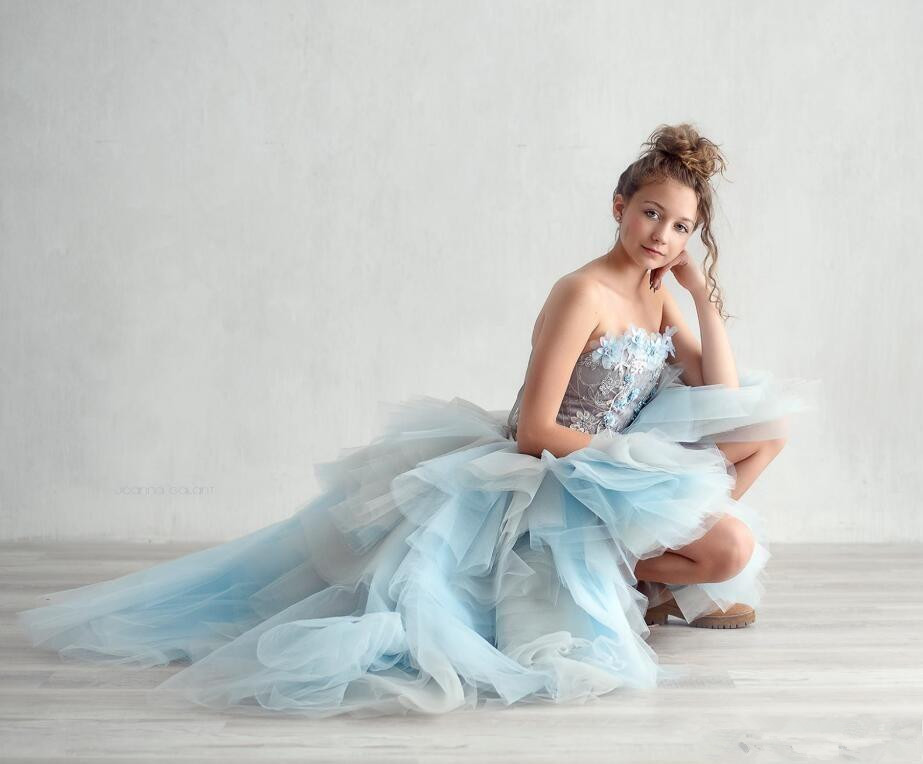 Light Sky Blue Lace Flower Girl Dresses For Weddings Girls Strapless High Low Pageant Dress Floor Length Kids Birthday Communion Dress