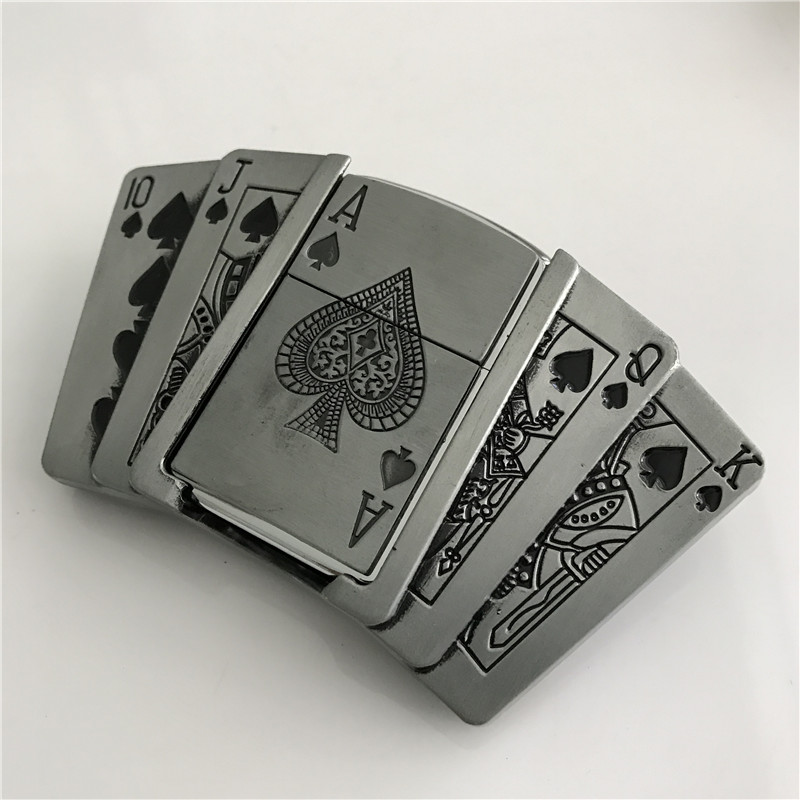 Retail New Spades 10JQKA Playing Cards Kerosene Lighter Cowboys Belt Buckle With Metal Men Belt Accessories Fit 4cm Wide Belt174I7