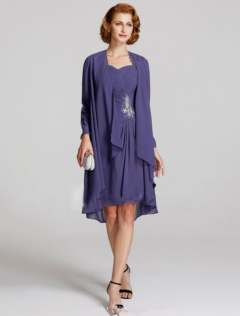 Boho Two Piece Purple Mother Of The Bride Dresses With Jackets Elegant Sweetheart Knee Length Chiffon Beach Mother Bride Dress Long Sleeves