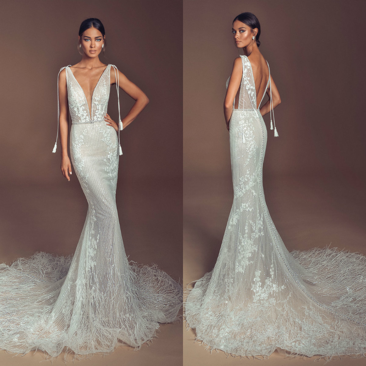 Elihav Sasson Mermaid Wedding Dresses Deep V Neck Lace Appliqued Beads Feather Beach Wedding Gowns Sweep Train Backless Bride Dress, Orange
Elihav Sasson Mermaid Wedding Dresses Deep V Neck Lace Appliqued Beads Feather Beach Wedding Gowns Sweep Train Backless Bride Dress, Orange