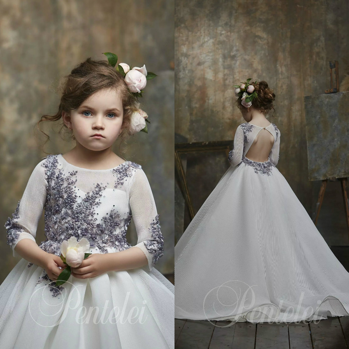 Lovely Ball Gown Flower Girl Dresses Jewel Long Sleeve Hollow Lace Applique Sequins Crystal Pageant Dress Floor Length Girl's Birthday Party