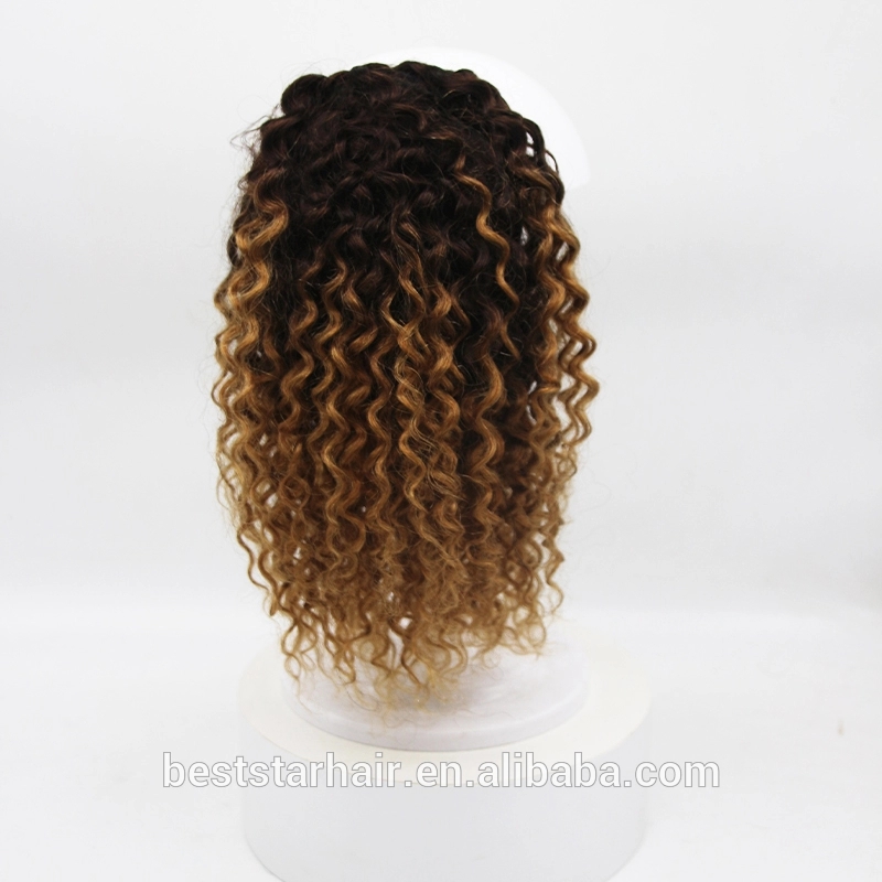 Fabulous African american Ombre Highlighted dark roots blonde Curly Puff Bun Drawstring Ponytail Human Hair Extensions 140g