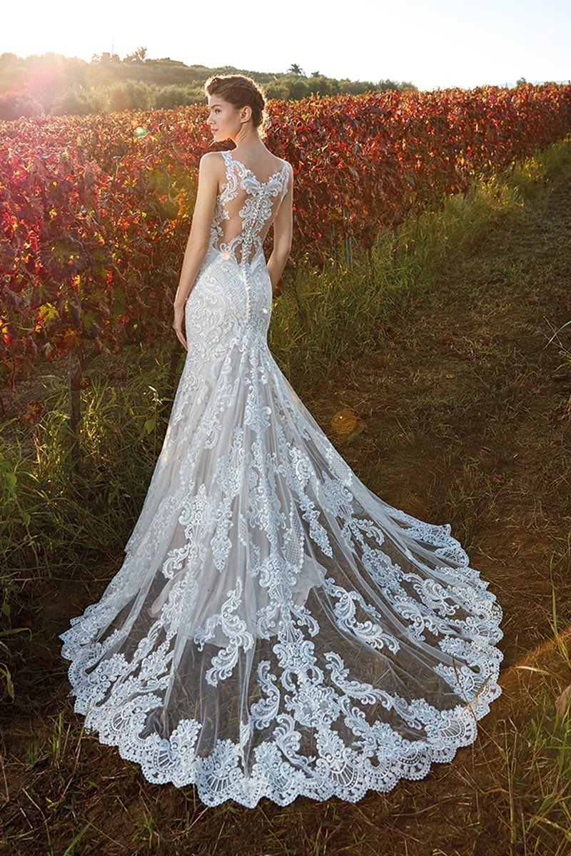 2020 Eddy K Mermaid Wedding Dresses Lace Appliques V Neck Button Back Trumpet Wedding Dress Sweep Train Plus Size Robe De Mariee