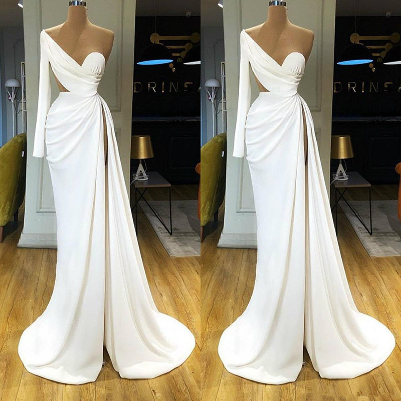 White One Shoulder Long Sleeve Satin Split Prom Dresses 2020 Ruched Cut Away Arabic Long Evening Gown Robe de soiree, Champagne
White One Shoulder Long Sleeve Satin Split Prom Dresses 2020 Ruched Cut Away Arabic Long Evening Gown Robe de soiree, Champagne