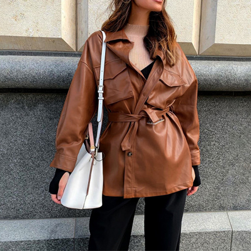 2020 autumn solid long PU leather jacket for women with sashes pockets slim causal coat femme turn down collar jaqueta de couro, Brown
2020 autumn solid long PU leather jacket for women with sashes pockets slim causal coat femme turn down collar jaqueta de couro, Brown