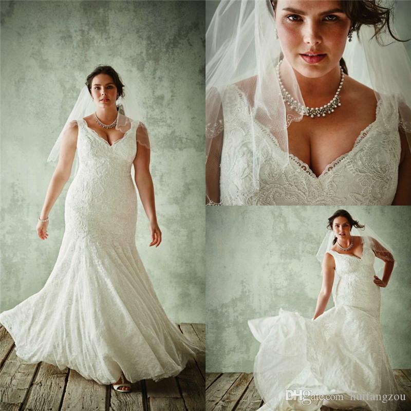 Plus Size Mermaid Wedding Dresses V Neck Full Lace Bridal Gowns Floor Length Beach Wedding Dress Custom Made