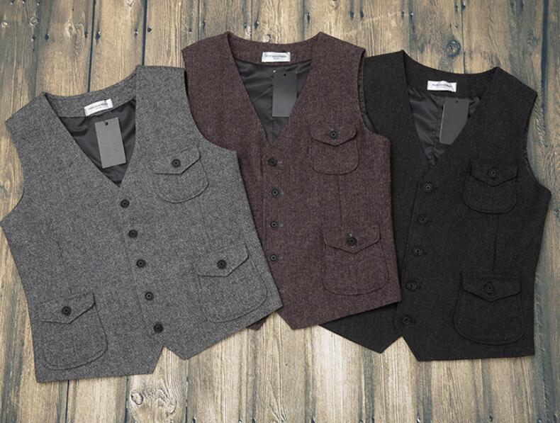 2020 Bristish Casual Groom Vests 3 Pockets Dark Brown Wool Herringbone Tweed Groomsmen Attire Mens Suit Prom Wedding Waistcoat Dress 16