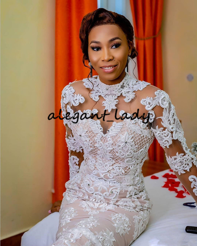 High Neck Long Sleeve Mermaid Wedding Dresses 2020 Luxury Lace Applique nude lining African Bride Party Dancing Wedding Gown