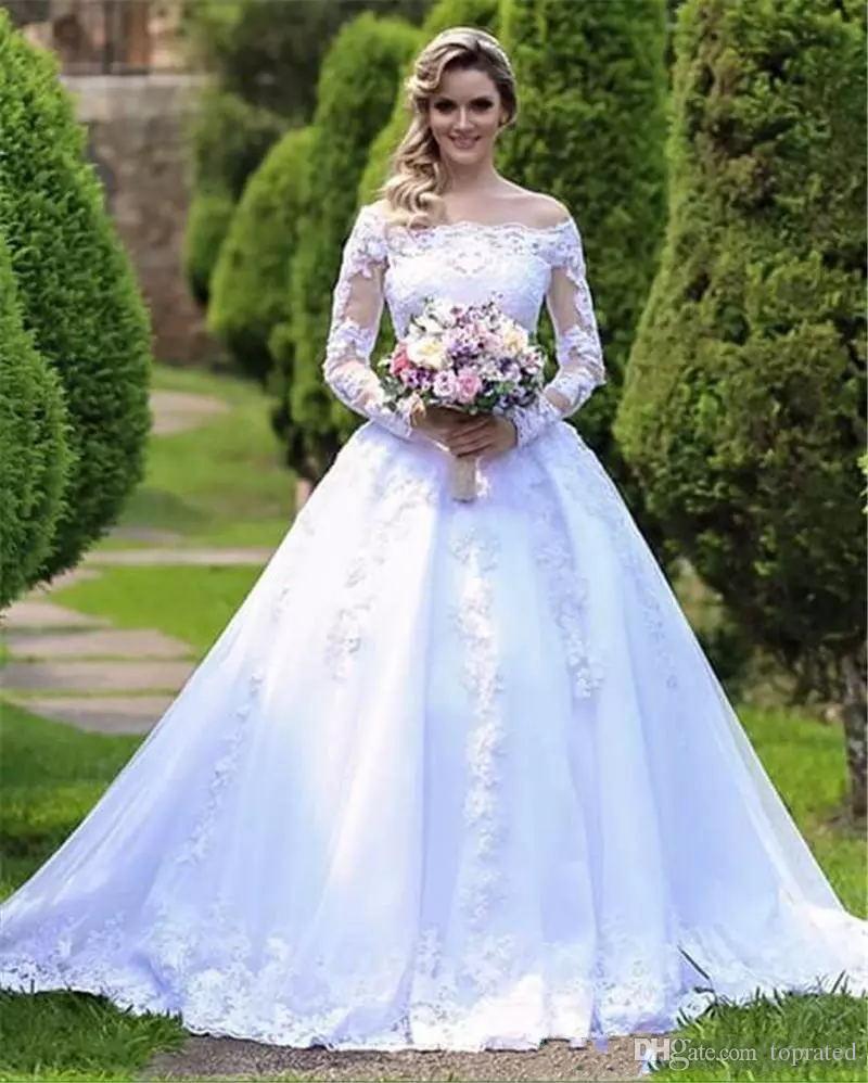 Elegant Lace New A Line Dresses Bateau Neck Long Sleeves Tulle Applique Beaded Sweep Train Wedding Bridal Gowns Vestidos De Noiva pplique