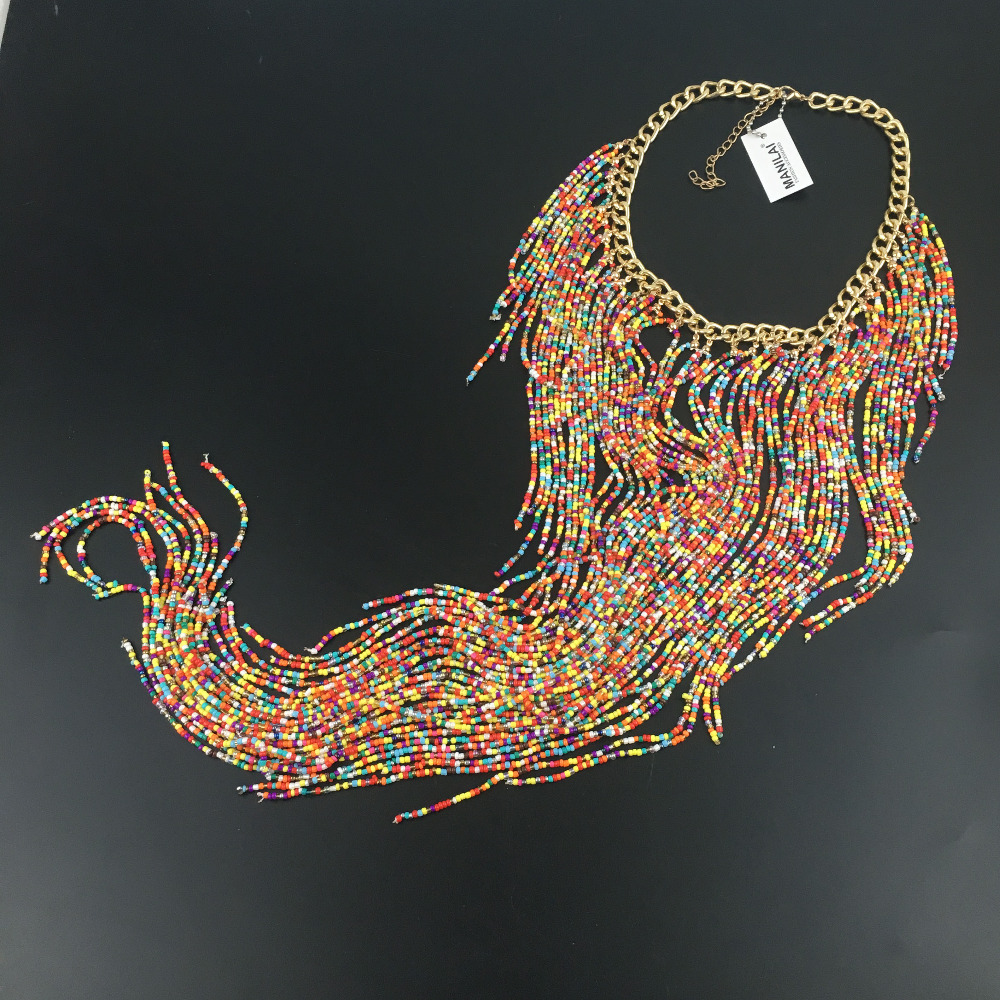Fashion- Bohemian Style Design Women Charm Jewelry Resin Bead Handmade Long Tassel Statement Link Chain Choker Necklace Christmas Gift