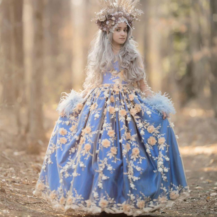 Blue Girls Pageant Dresses Jewel Neck 3D Floral Appliqued Princess Kids Formal Wear Feather Long Sleeve Party Birthday Gowns