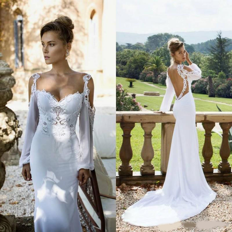 2020 Simple Mermaid Wedding Dresses Off Shoulder Long Sleeve Beads Appliques Satin Wedding Dresses Sweep Train Vestidos De Novia