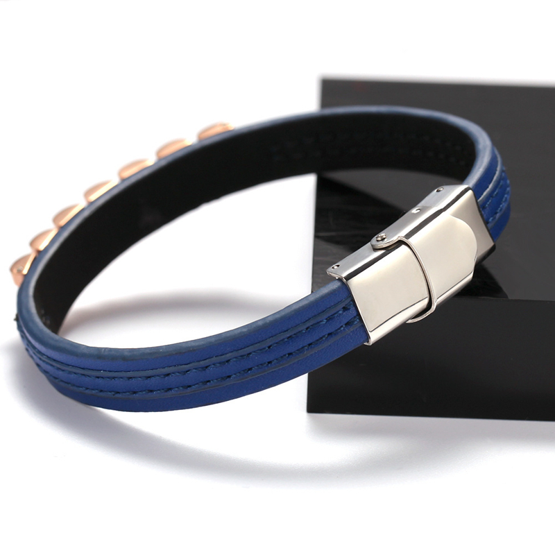 5 Colors for Options New Fashion Men Bracelets Gold Plated Stainless Steel Leather Bracelet for Men Nice Gift for Boy Friend