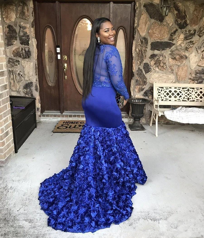 Royal Blue Mermaid Plus Size Prom Dresses For Black Girl 2019 Long Sleeve Beaded Applique Rose Floral train African Formal Evening Gown VEIL