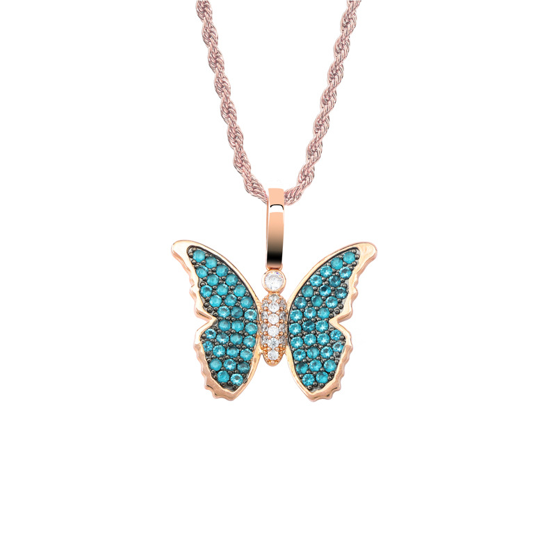 Hip Hop Diamond Stone Charm Butterfly Pendants Necklace Jewelry 18K Real Gold Plated Men Women Lover Gift