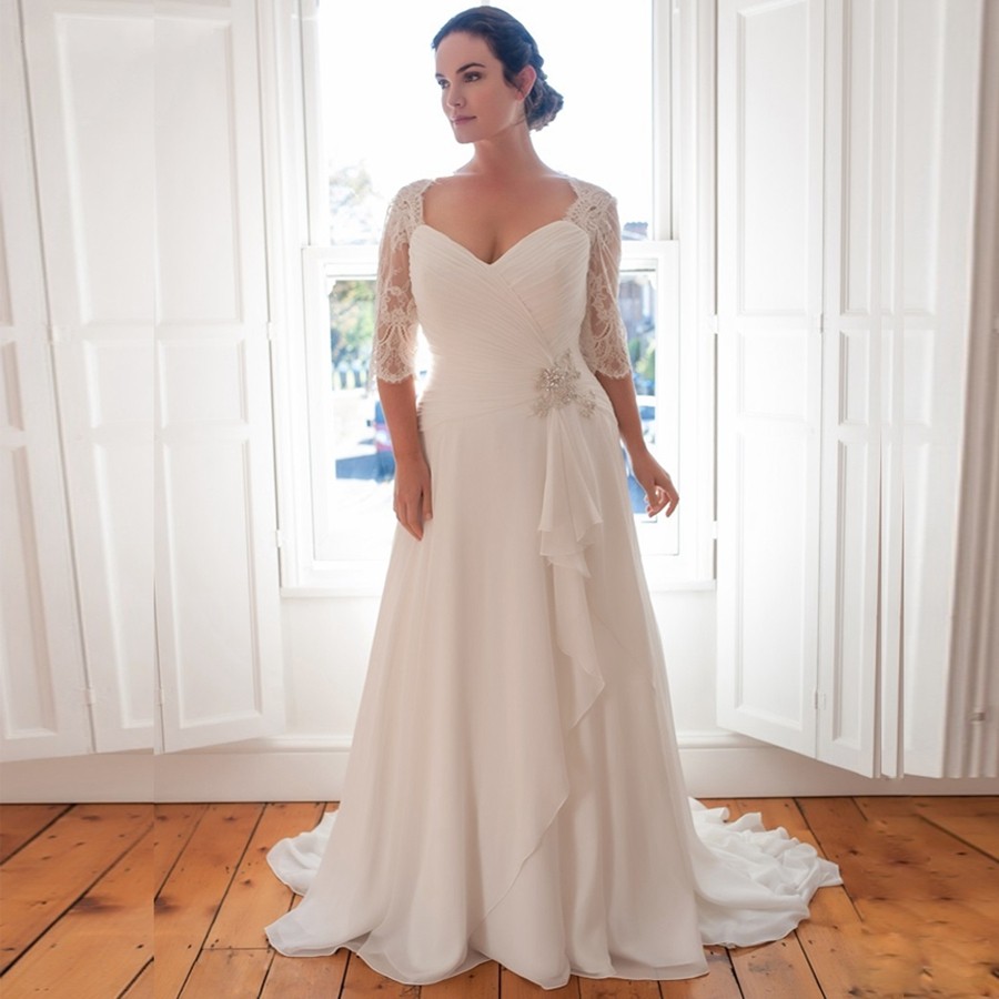 Weilinsha Cheap Plus Size Wedding Dresses v neck Half Sleeves pleated beaded applique Lace Chiffon Bridal Gowns Custom Vestidos De Novia