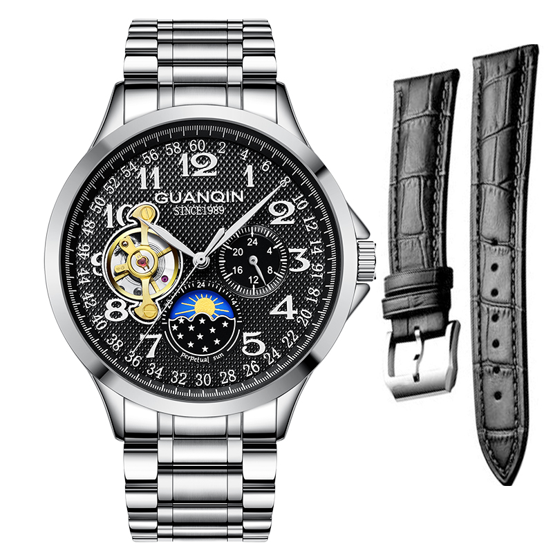 cwp 2021 GUANQIN Automatic Mechanical Men Watch Set stainless Steel Waterproof Moon face Leather Wristwatch Relogio Masculino, Slivery;brown