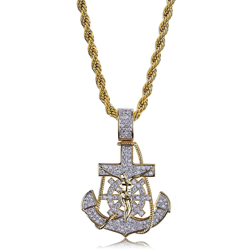 New Arrived 18K Gold Plated Anchor Necklace Pendant with 4MM Tennis Chain Rope Chain Iced Out Full Zircon Mens Jewelry
