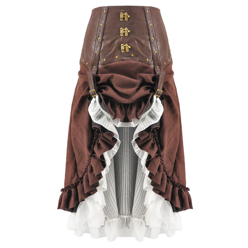 Women Victorian Brown & White Retro Victorian Gothic Vintage Steampunk Leather Adjustable Asymmetrical Ruffle Vintage Hi-lo Skirt Halloween