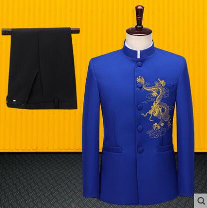 Blue blazer men groom suit set with pants Embroidery dragon formal dress mens wedding suits singer stage clothing stand collar
Blue blazer men groom suit set with pants Embroidery dragon formal dress mens wedding suits singer stage clothing stand collar