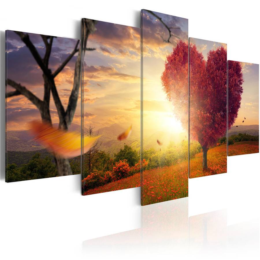 2019 5 Panesl Sunset Red Heart Tree Flowers Art Picture Landscape Home Decor on Canvas Modern Wall Painting(NO Frame)
