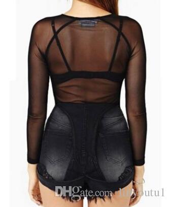 Womens T-Shirt See-through Sheer Mesh Long Sleeve Tee Top Club wear Perspective Pullover Black Sexy Girl Clothing