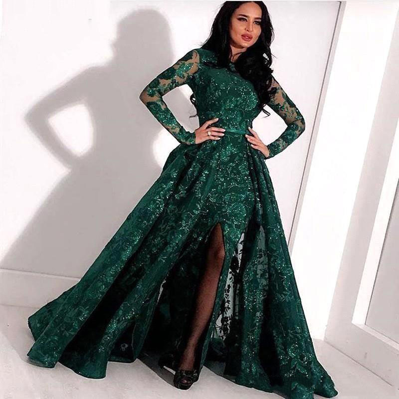 Wedding Dress With Detachable Train Green Beaded Sequined Mermaid Jewel Neck Long Sleeve High Quality Split Side Bridal Gown Dresses