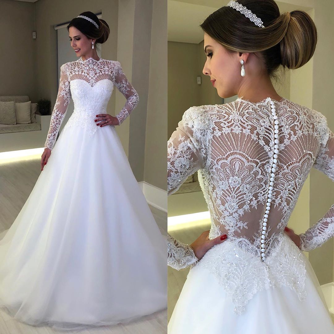 Lace Long White Sleeves Beaded Wedding Dresses Sheer Jewel Neck Sequined Bridal Gowns A Line Sweep Train Tulle Robe De Marie