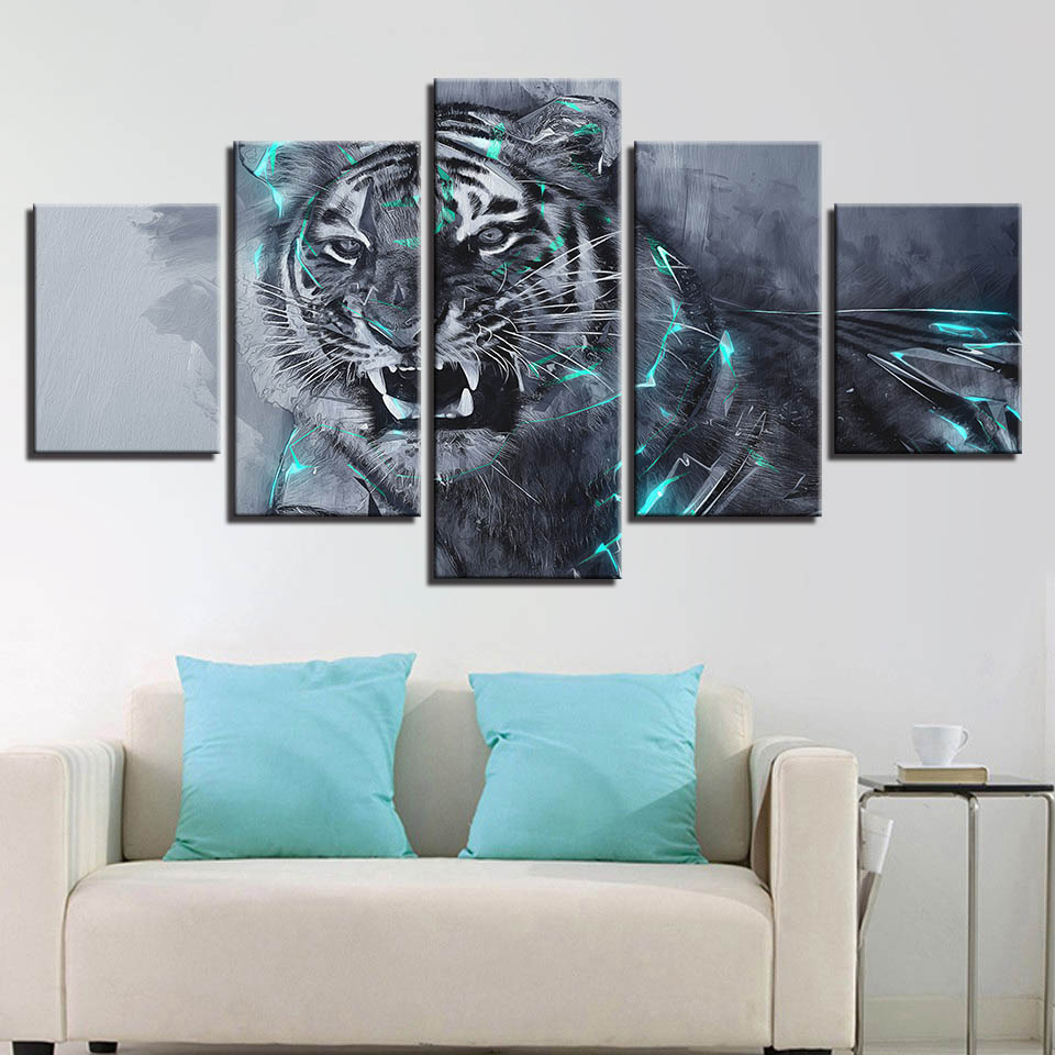 Bedroom Or Living Room Wall Decor 5 Pieces HD Printing Fierce Tiger Animals Pictures Canvas Modular Posters Framed Paintings Art(No Frame)